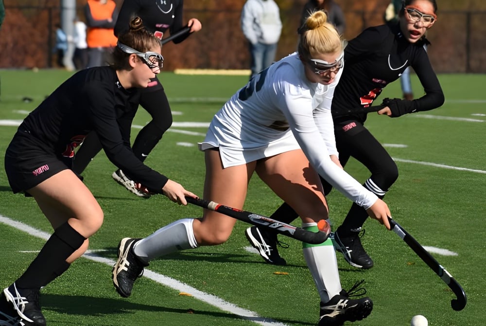 Schülerinnen und Schüler des St. Leo’s College spielen ein Feldhockeyspiel auf dem grünen Rasen.