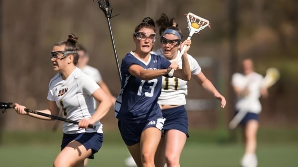 Schüler der St. Mark's School spielen Lacrosse auf einem Sportfeld mit unscharfem Hintergrund.