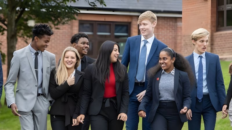 Eine Gruppe von Schülerinnen und Schülern der St. Mary Catholic Secondary School geht gemeinsam auf dem Schulgelände mit Backsteingebäude und Bäumen im Hintergrund.