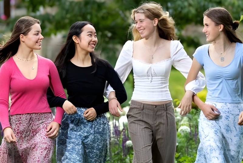 Vier Schülerinnen unterschiedlicher Herkunft gehen gemeinsam auf einem grünen Weg auf dem Campus von St. Mary’s Calne.
