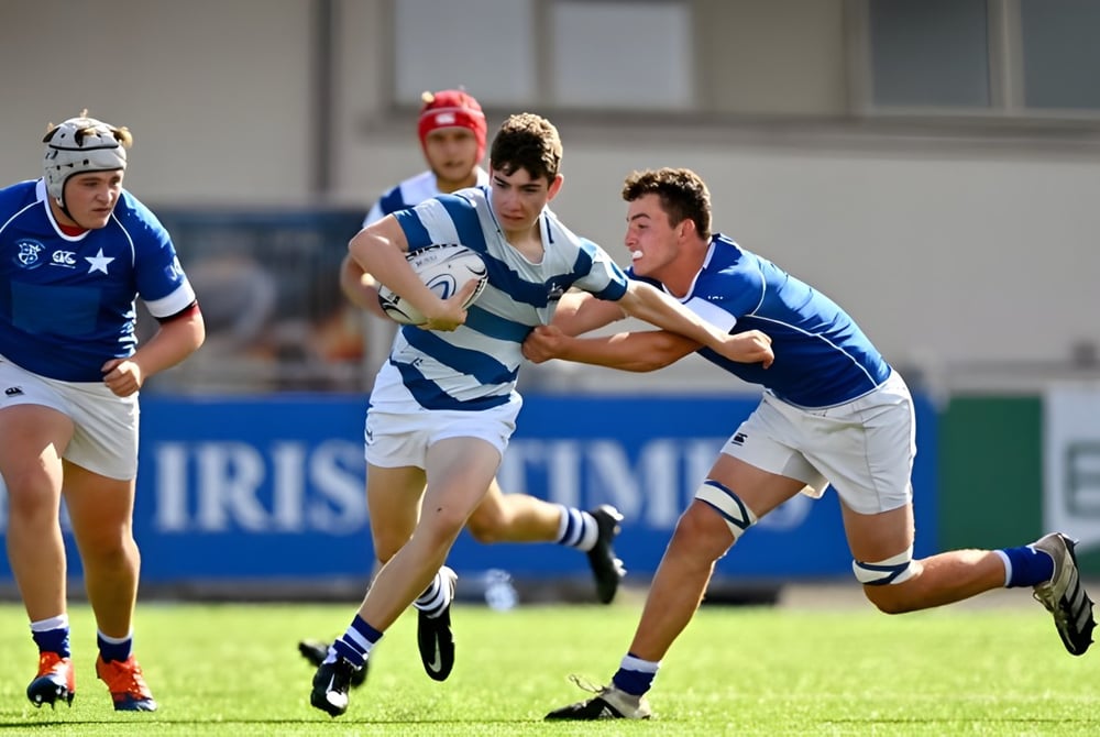 Eine Gruppe von Rugbyspielern vom St. Mary’s College spielt ein intensives Match auf einem Rasenfeld, während ein Spieler den Ball hält und von zwei Gegnern getackelt wird.