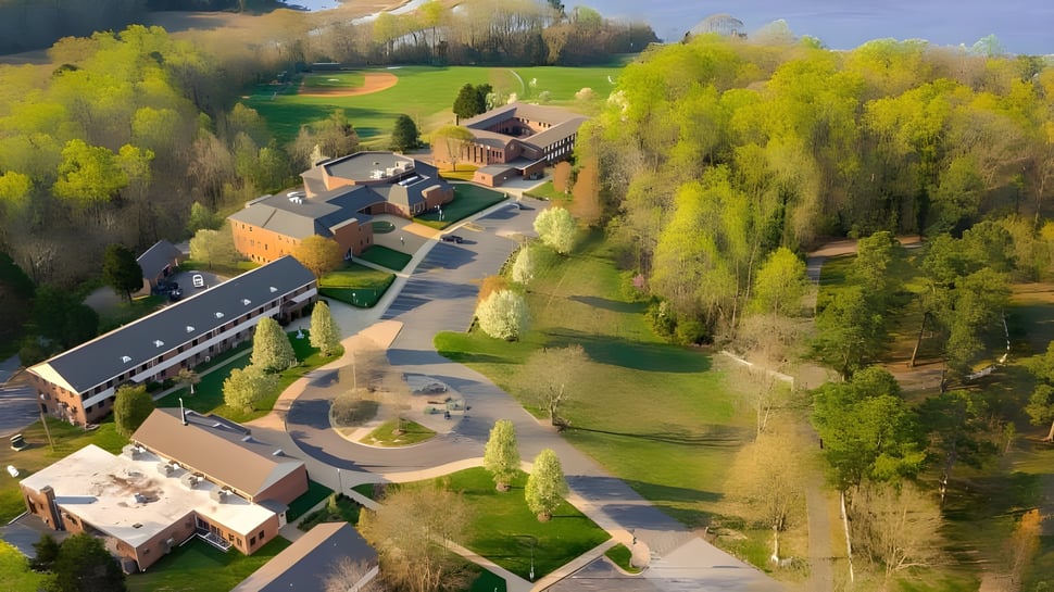 Das historische Gebäude von St. Mary's Ryken High School ist von herbstlicher Landschaft mit bunten Bäumen und verschlungenen Wegen umgeben.