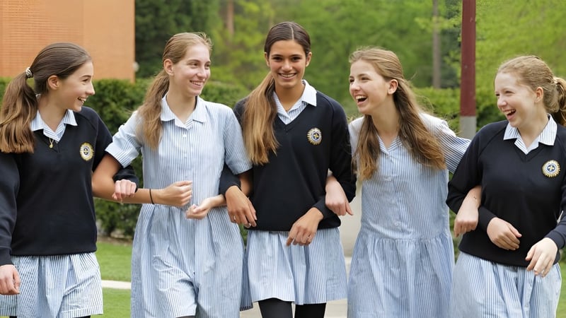 Eine Gruppe junger Schülerinnen der St. Mary's School Ascot steht auf einer Wiese vor Gebäuden und Bäumen lächelnd zusammen.