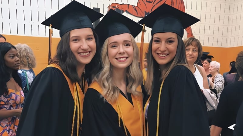 Drei Schülerinnen der St. Matthew High School posieren bei der Abschlussfeier in ihren Talaren und Hüten.