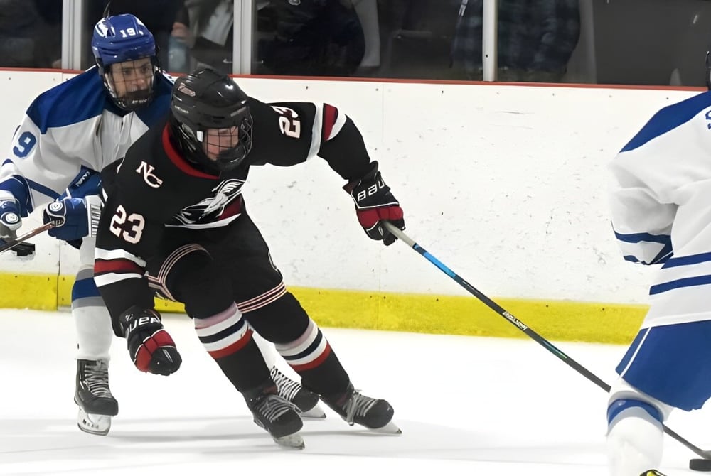 Zwei Hockeyspieler der St. Peter High School spielen auf dem Eis und werden von Zuschauern verfolgt.
