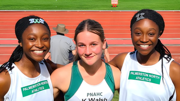Drei Schülerinnen in Athletics-Uniformen stehen auf der Laufbahn des St. Peter's College und lächeln zusammen.