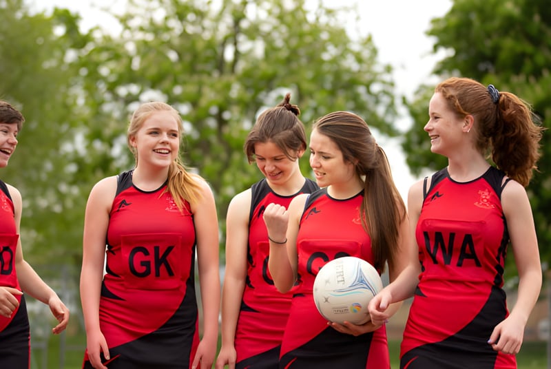 Eine Gruppe junger Sportlerinnen in roten Trikots mit Rugbyball auf dem Gelände der St. Peters School.
