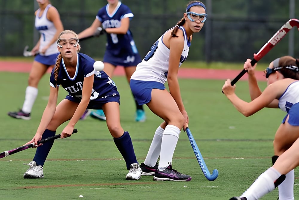 Schülerinnen der St. Raphaela’s Secondary School spielen ein Hockeyspiel auf einem Spielfeld mit grünem Gras und Bäumen im Hintergrund.