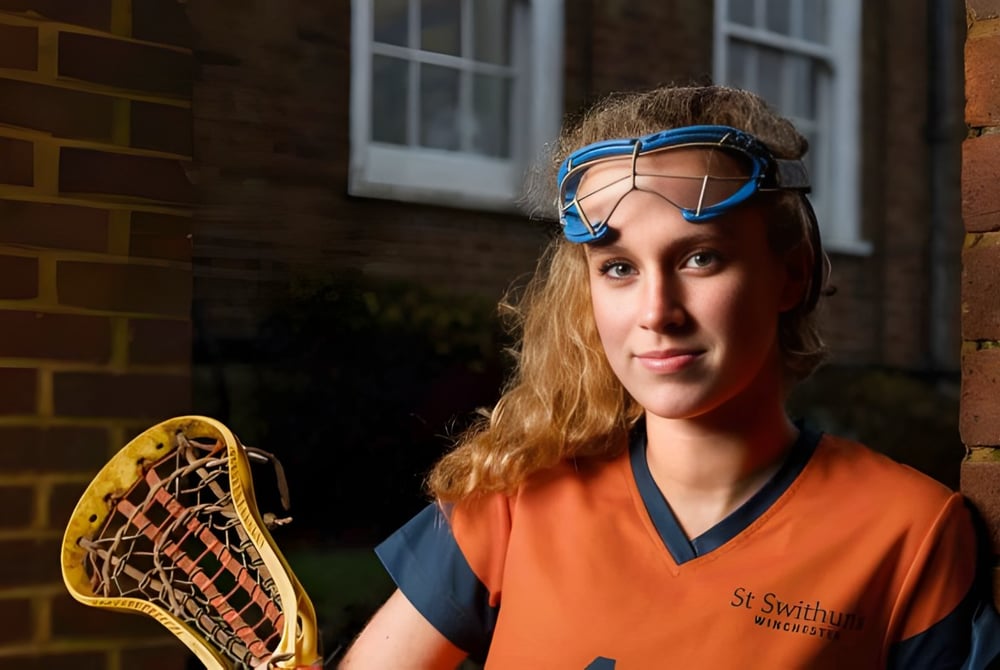 Eine Schülerin der St. Swithun's School steht vor einem Backsteingebäude.