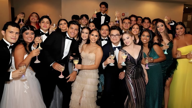 Eine große Gruppe von Personen in formeller Kleidung posiert für ein Foto in der St. Tiernan’s Community School.