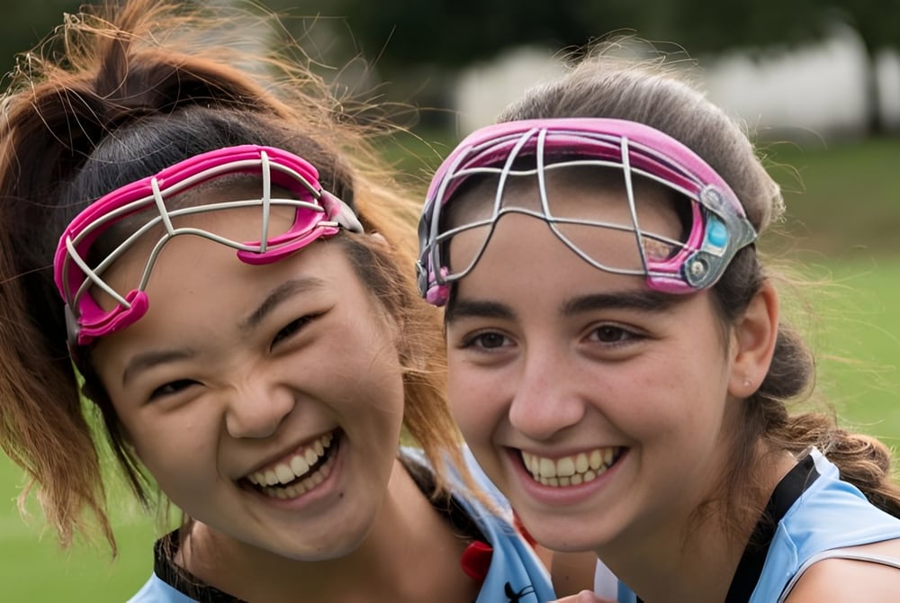 Zwei Schülerinnen der St. Timothy's School tragen pinke Schutzhelme und lachen im Freien auf einer Wiese.