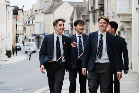 Vier Schüler der Stamford High School gehen in formeller Kleidung eine Straße in der Stadt entlang.