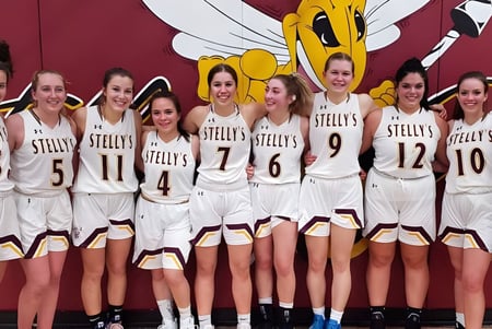 Eine Gruppe Schülerinnen der Stellys Secondary School steht in weißen Basketballtrikots vor einer roten Wand mit einer großen Cartoonfigur.