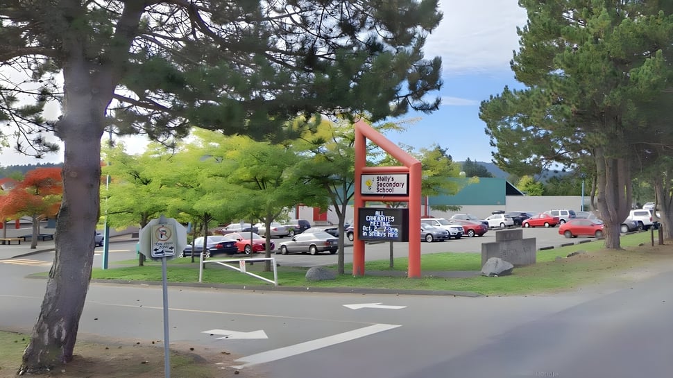 Kleine Stadtstraße mit Geschäften, Bäumen und geparkten Autos unter klarem Himmel, in der Nähe von Stellys Secondary School.