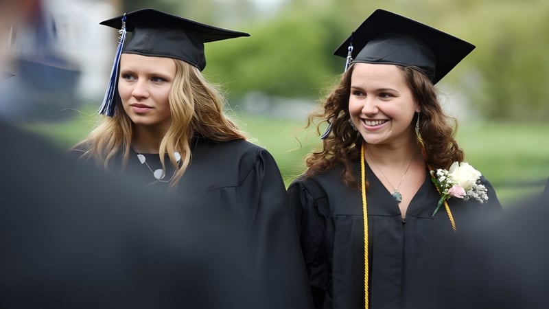 Zwei Absolventinnen der Stillwater Christian School stehen zusammen in ihren Abschlussroben vor grünem Hintergrund.