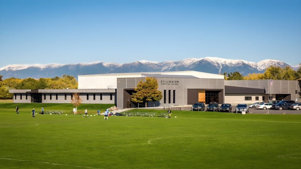 Das moderne mehrstöckige Gebäude der Stillwater Christian School steht vor einem großen Parkplatz und einer Wiese mit schneebedeckten Bergen im Hintergrund.