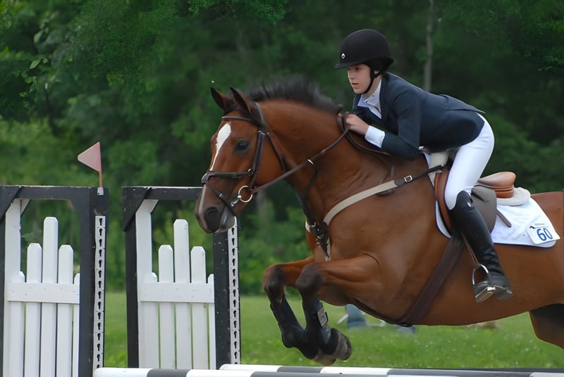 Eine Schülerin der Stoneleigh-Burnham School springt mit ihrem Pferd über einen Zaun in einer grünen Außenanlage.