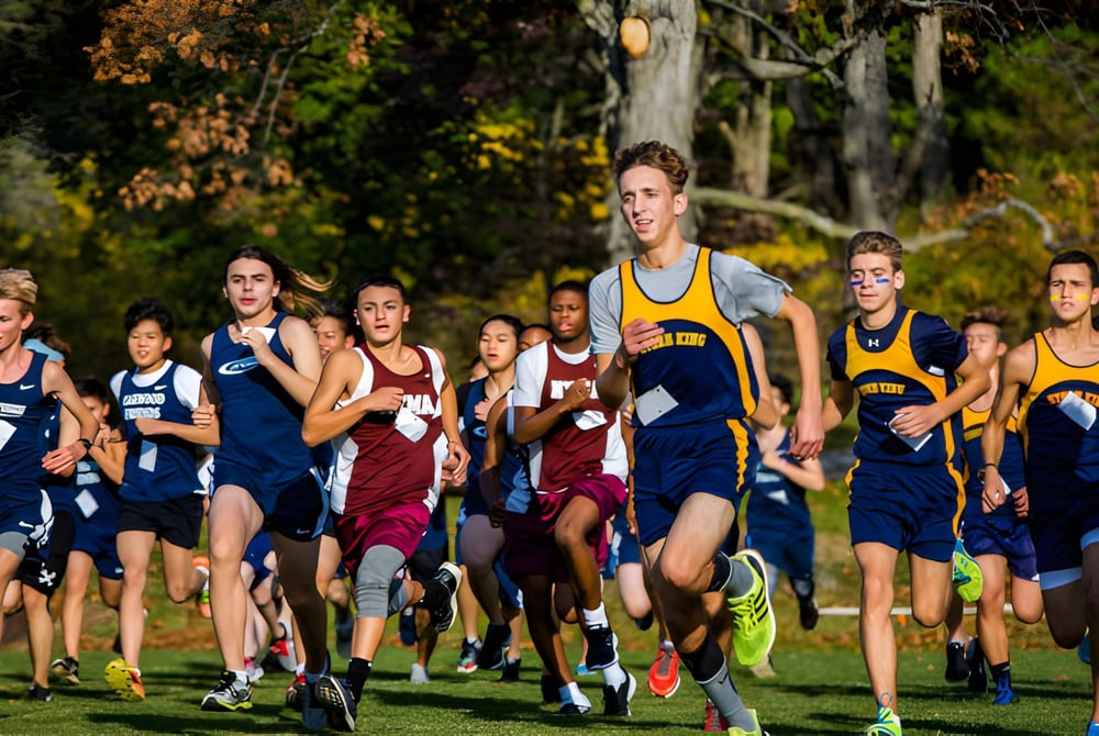 Schüler der The Storm King School laufen bei einem Cross-Country-Rennen durch einen herbstlichen Wald.