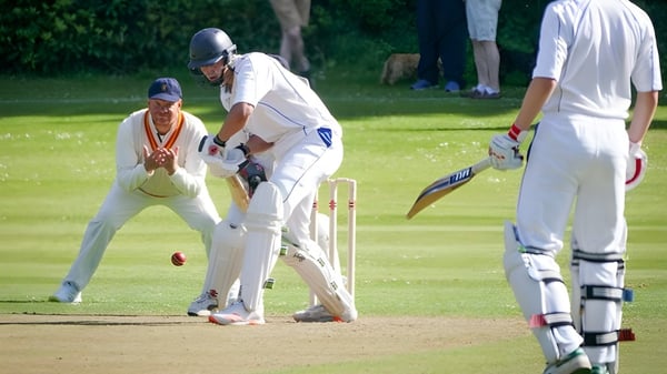 Schüler des Stratford College spielen ein Cricket-Match auf einem grünen Spielfeld.