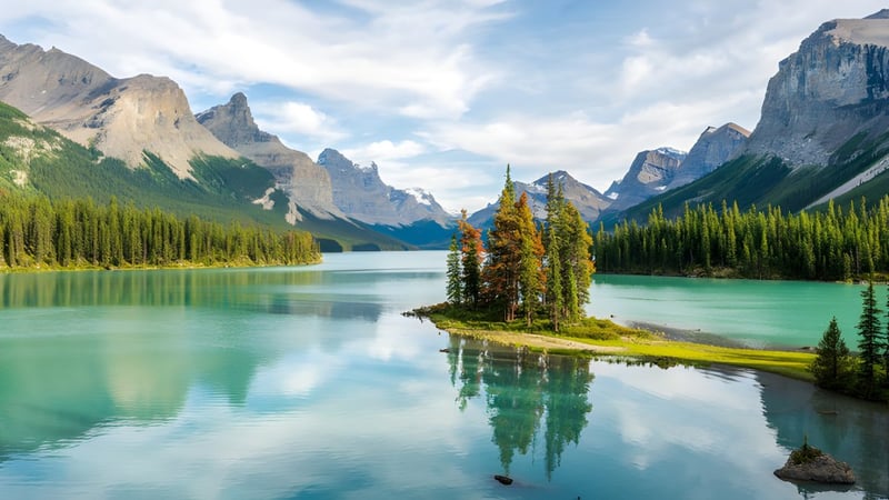 Ein ruhiger See mit schneebedeckten Bergen und grünen Wäldern im Hintergrund nahe Strathmore High School.