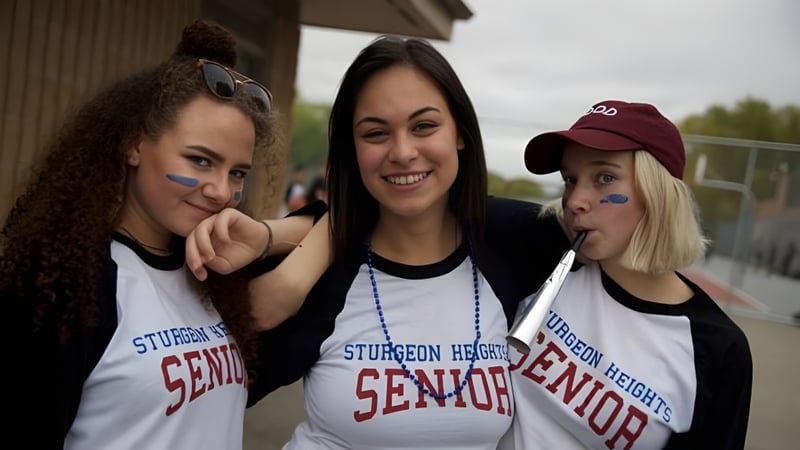 Drei Schülerinnen mit Shirts von Collège Sturgeon Heights Collegiate lächeln und posieren vor einem Gebäude.