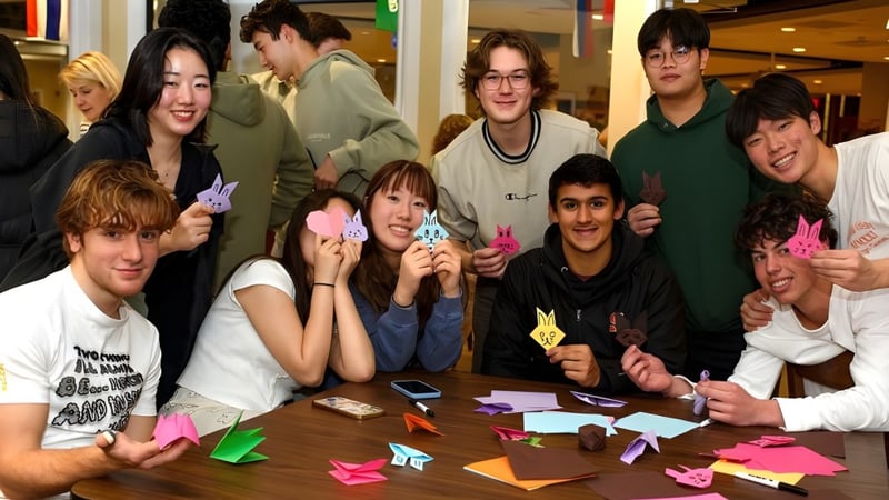 Schüler der Suffield Academy arbeiten gemeinsam an einem Tisch mit bunten Origami-Figuren.