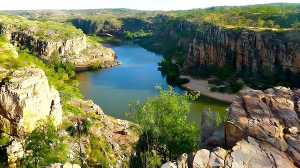 Ein felsiger Canyon mit steilen Klippen und einem ruhigen Fluss in der Mitte, umgeben von Vegetation, nahe der Sunnybank State High School.