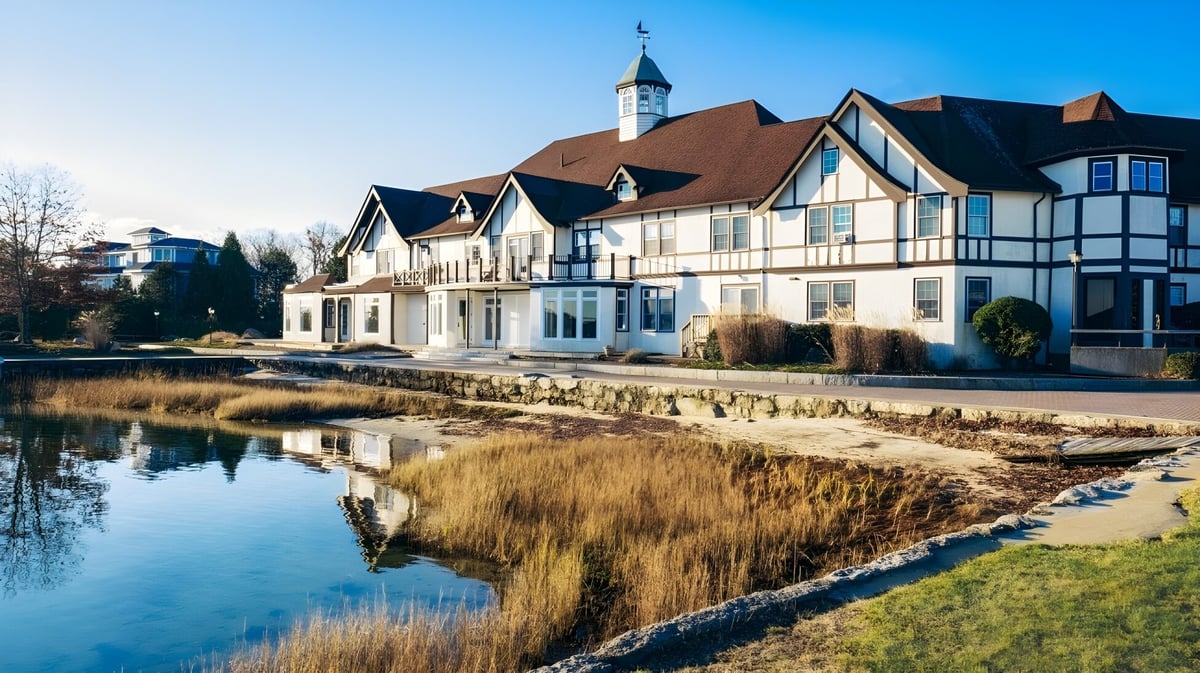 Das Tudor-Gebäude der Tabor Academy steht malerisch neben einem Teich und ist von grüner Natur umgeben.