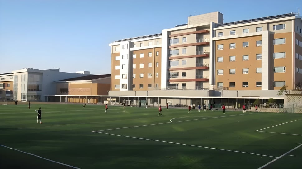 Ein Fußballfeld mit Grasflächen vor einem modernen Wohngebäude auf dem Gelände der Taejon Christian International School.