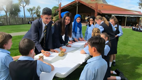 Eine Gruppe Schülerinnen und Schüler des Taieri College arbeitet gemeinsam an einem Tisch im Freien mit Holzstruktur im Hintergrund.