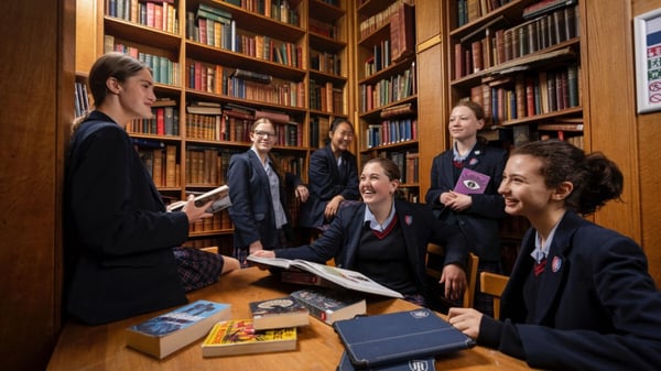 Eine Gruppe Schüler der Talbot Heath School versammelt sich in der Bibliothek um einen Tisch, umgeben von Bücherregalen.