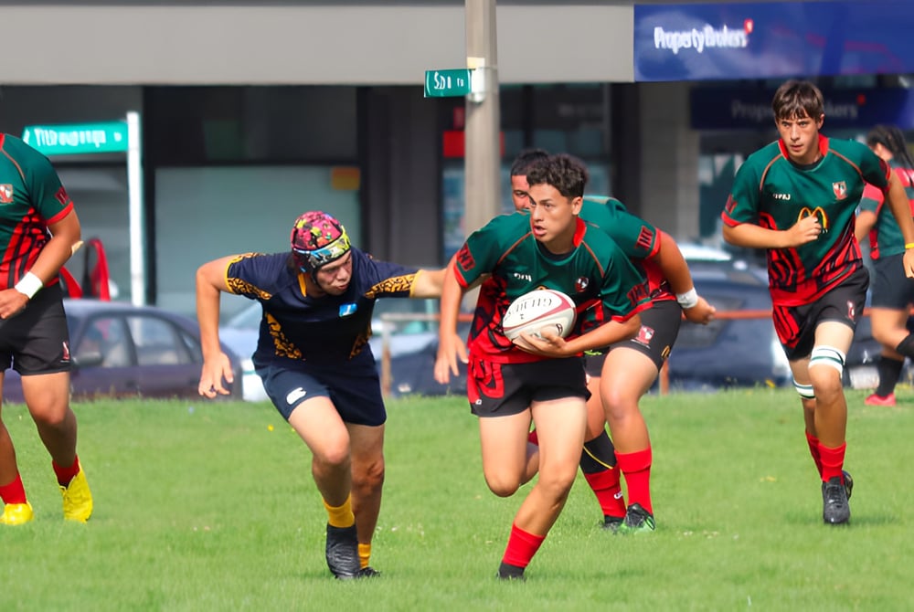 Schüler des Taupo-nui-a-Tia College spielen ein intensives Rugbyspiel auf einem Spielfeld mit Stadion im Hintergrund.
