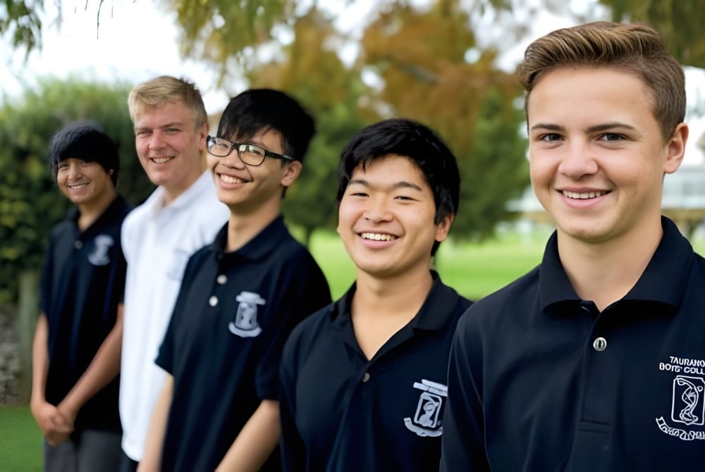 Eine Gruppe von Schülern steht auf dem Campus des Tauranga Boy's College im Park mit Bäumen und Grünflächen.