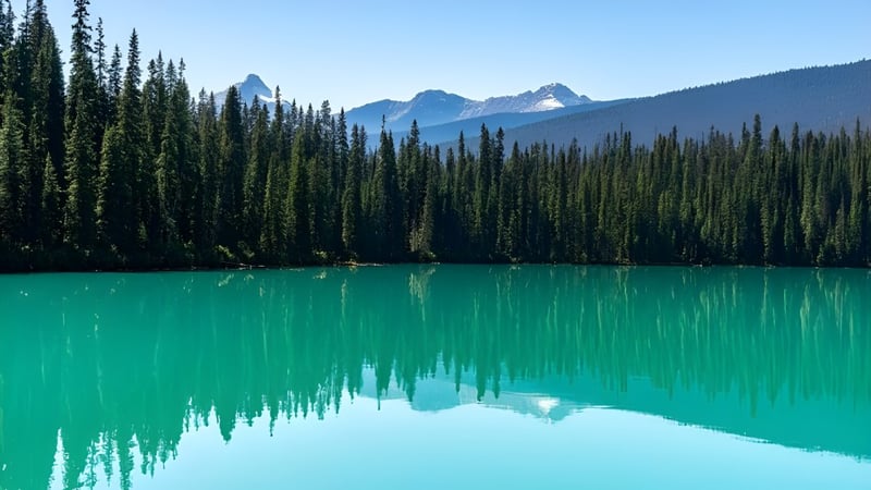 Ein türkisfarbener Bergsee mit Nadelwald und schneebedeckten Gipfeln im Hintergrund bei klar blauem Himmel.