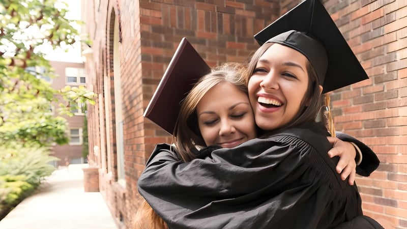 Zwei Schülerinnen der The Barnes Academy umarmen sich lachend vor einem Backsteingebäude bei der Abschlussfeier.