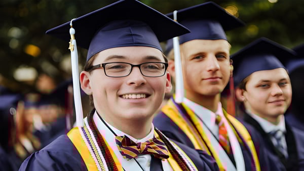 Eine Gruppe von Absolventinnen und Absolventen der The Brook Hill School steht im Freien in Abschlusskleidung zusammen.