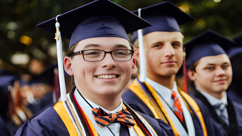 Eine Gruppe von Absolventinnen und Absolventen der The Brook Hill School steht im Freien in Abschlusskleidung zusammen.