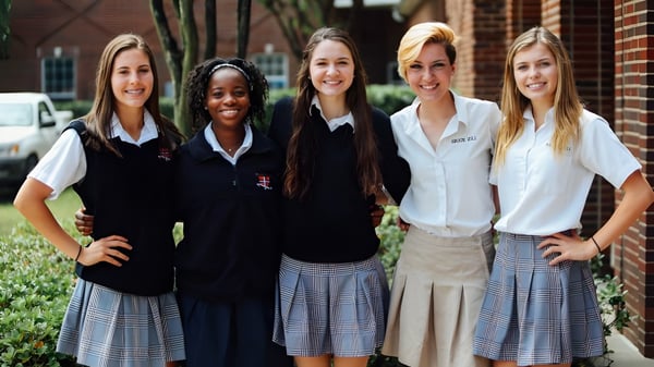 Fünf Schülerinnen der The Brook Hill School stehen gemeinsam vor einem Backsteingebäude und lächeln in die Kamera.