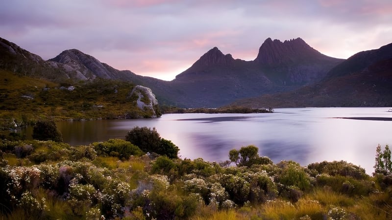 Ein ruhiger See mit Bergen und dichter Vegetation im Vordergrund, umgeben von der Landschaft nahe der The Friends’ School.