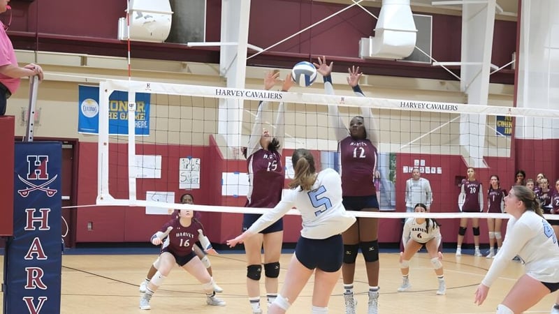 Schüler der The Harvey School spielen ein Volleyballspiel in der Turnhalle.