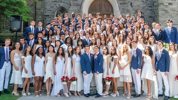 Eine Gruppe formell gekleideter Schülerinnen und Schüler versammelt sich vor einer Steinkirche auf dem Campus der The Masters School.