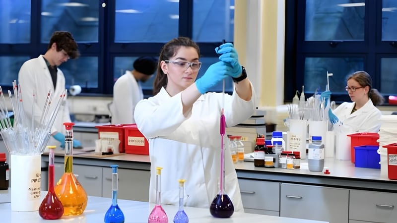 Ein Forscher in einem weißen Laborkittel untersucht in einem Labor auf dem Campus des National Mathematics and Science College eine Reagenzglas.