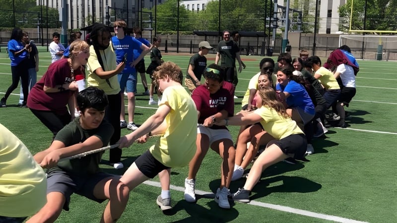 Eine Gruppe von Schülerinnen und Schülern der The Newman School nimmt an einer Sportaktivität auf dem Sportfeld teil.