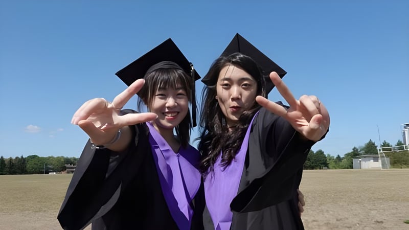 Zwei Absolventinnen der Thornlea Secondary School stehen auf einem grasbewachsenen Feld und zeigen Friedenszeichen mit den Händen.