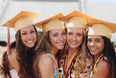 Vier Schülerinnen in Abschlusskleidung stehen gemeinsam auf dem Campus der Thornton Academy im Freien.