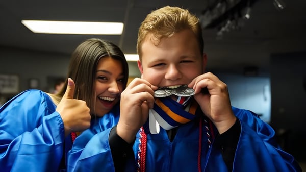 Zwei Schülerinnen und Schüler der Three Rivers Christian School tragen blaue Abschlussroben und zeigen im Schulgebäude Grimassen.