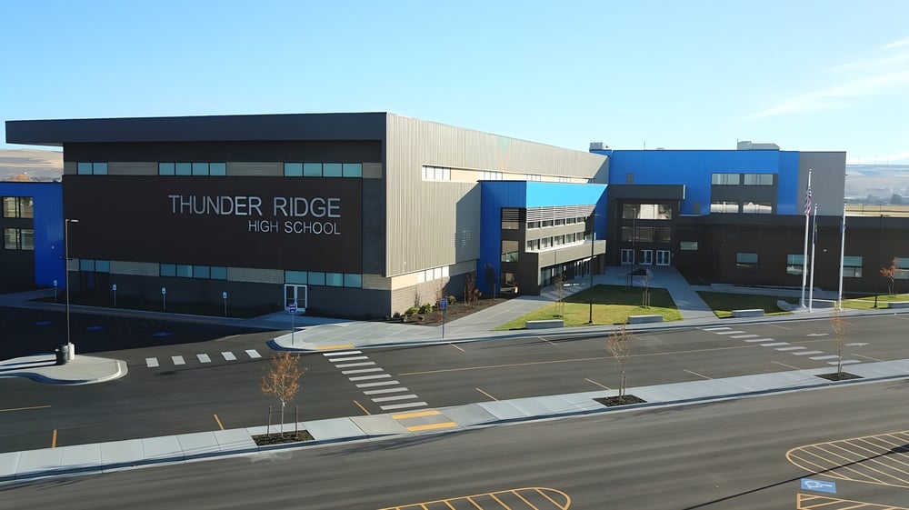 Das moderne mehrstöckige Gebäude der Thunder Ridge High School steht vor einem klaren blauen Himmel mit einem gepflasterten Bereich und Zebrastreifen.