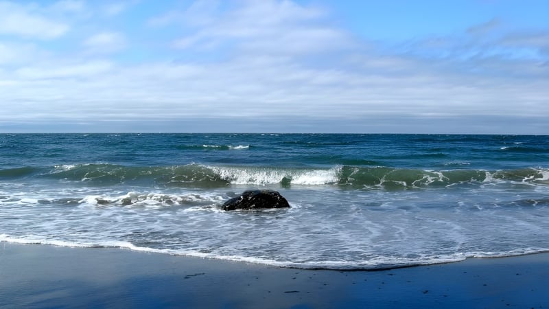 Eine ruhige Küstenlandschaft mit Wellen und Sandstrand ohne direkten Bezug zur Timberline Secondary School.