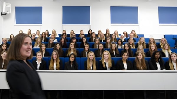 Schülerinnen sitzen im Klassenzimmer der Torquay Girls Grammar School vor blau gerahmten Fenstern.