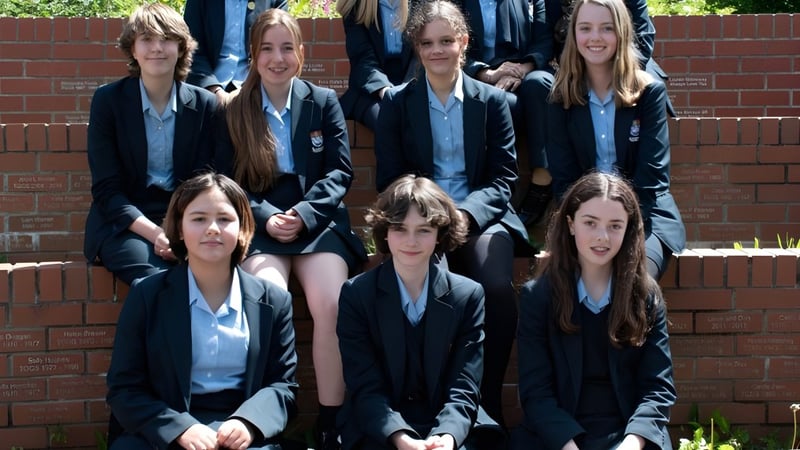 Eine Gruppe Schülerinnen der Torquay Girls Grammar School steht gemeinsam vor einer Ziegelwand.